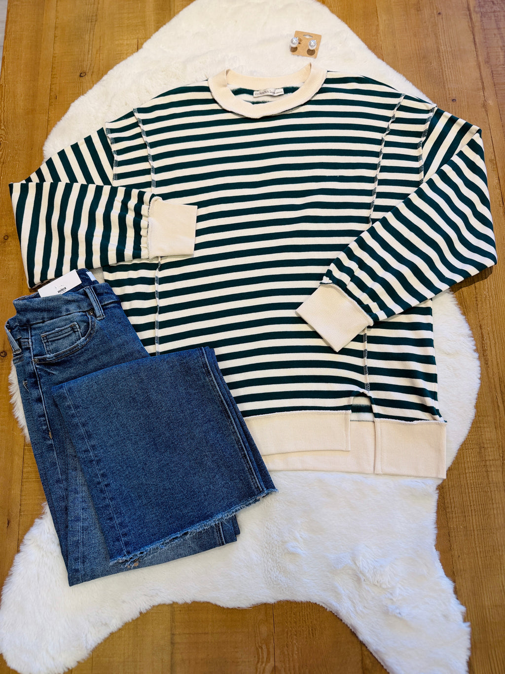 Women’s Zenana Hunter Green Stripe Pullover with side splits