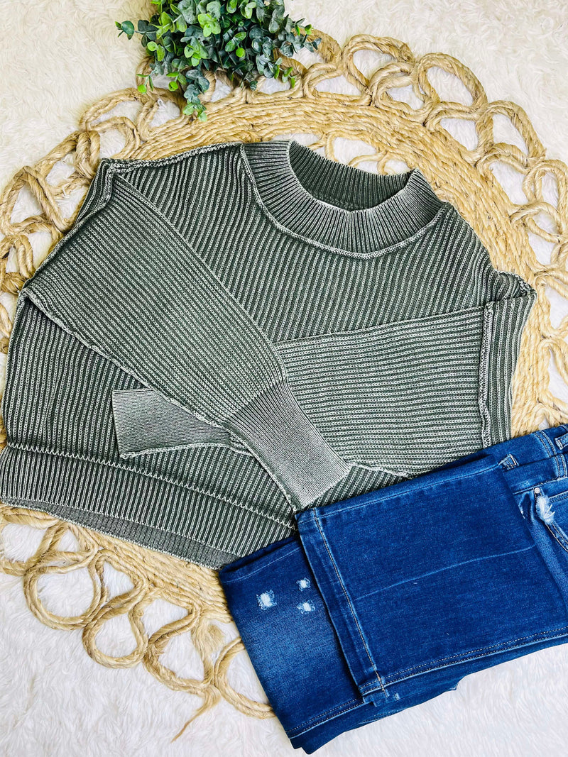 Dark Olive Washed Side Slit Oversized Cropped Sweater