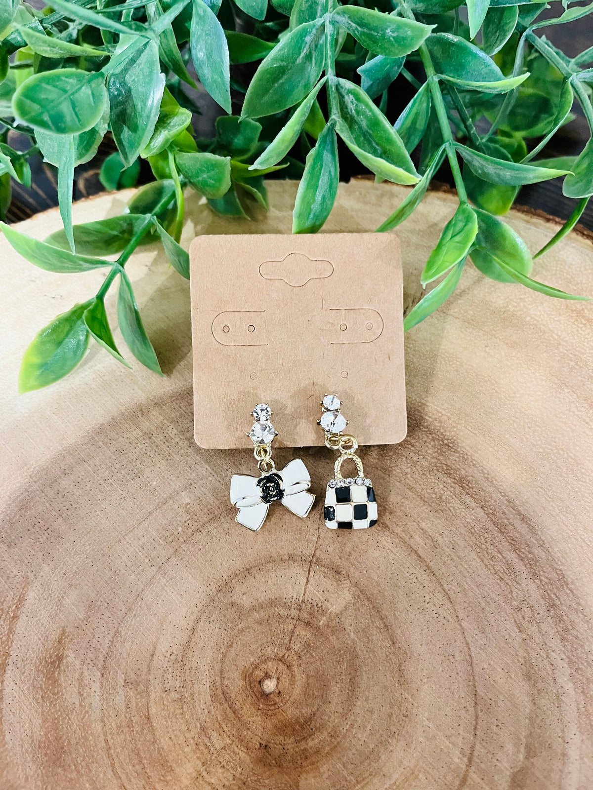 Women’s Bow and Purse Checkered Diamond Clip-On Earrings