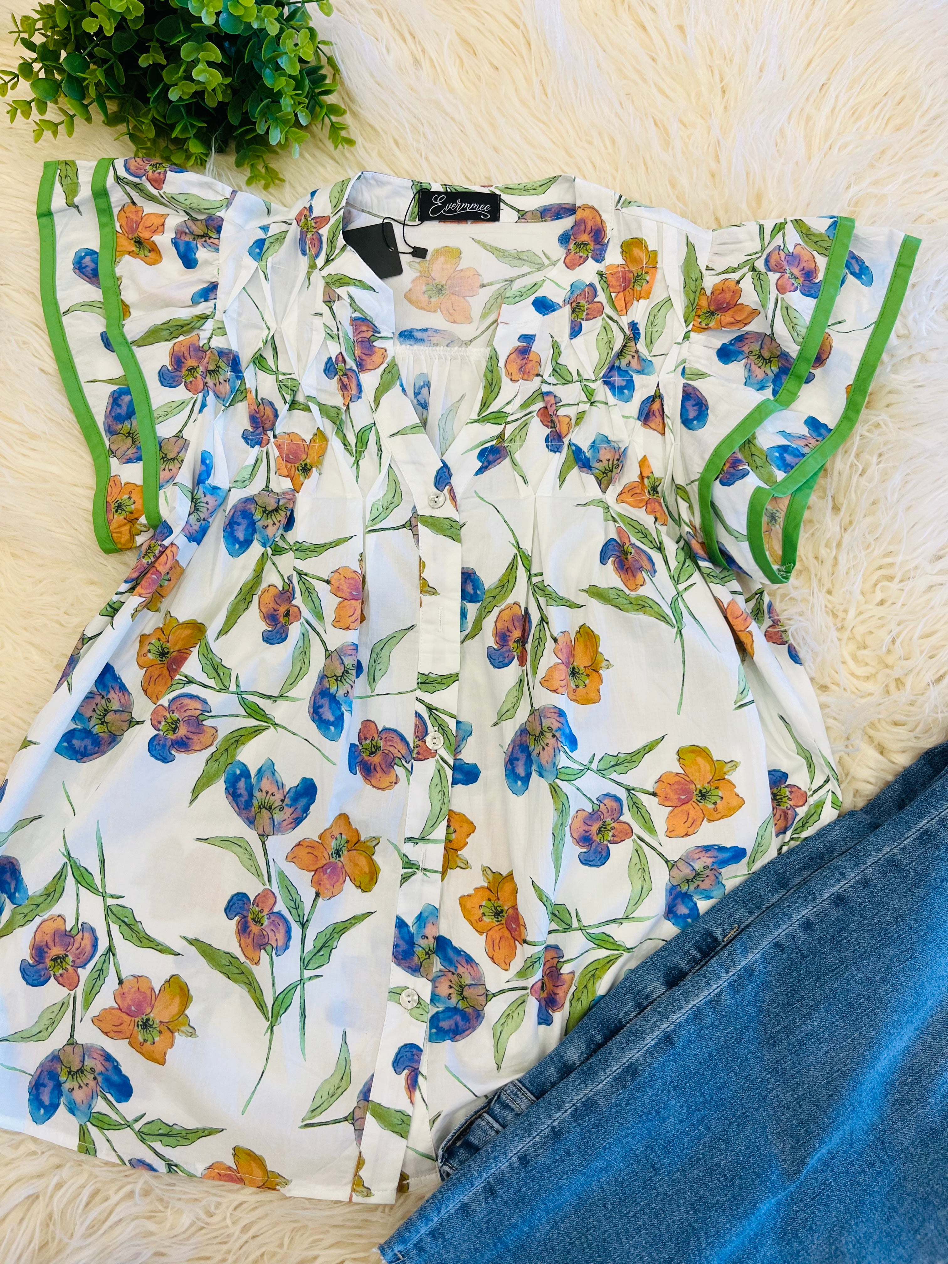 Women’s EverMMee Floral Ruffle Sleeve Button Down Top