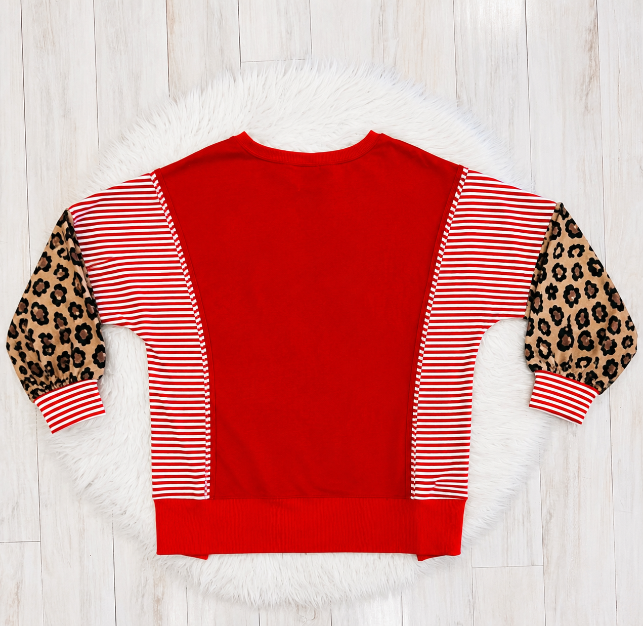Women’s Evermmee Red Stripe Pullover with Leopard Sleeves - Oversized Top