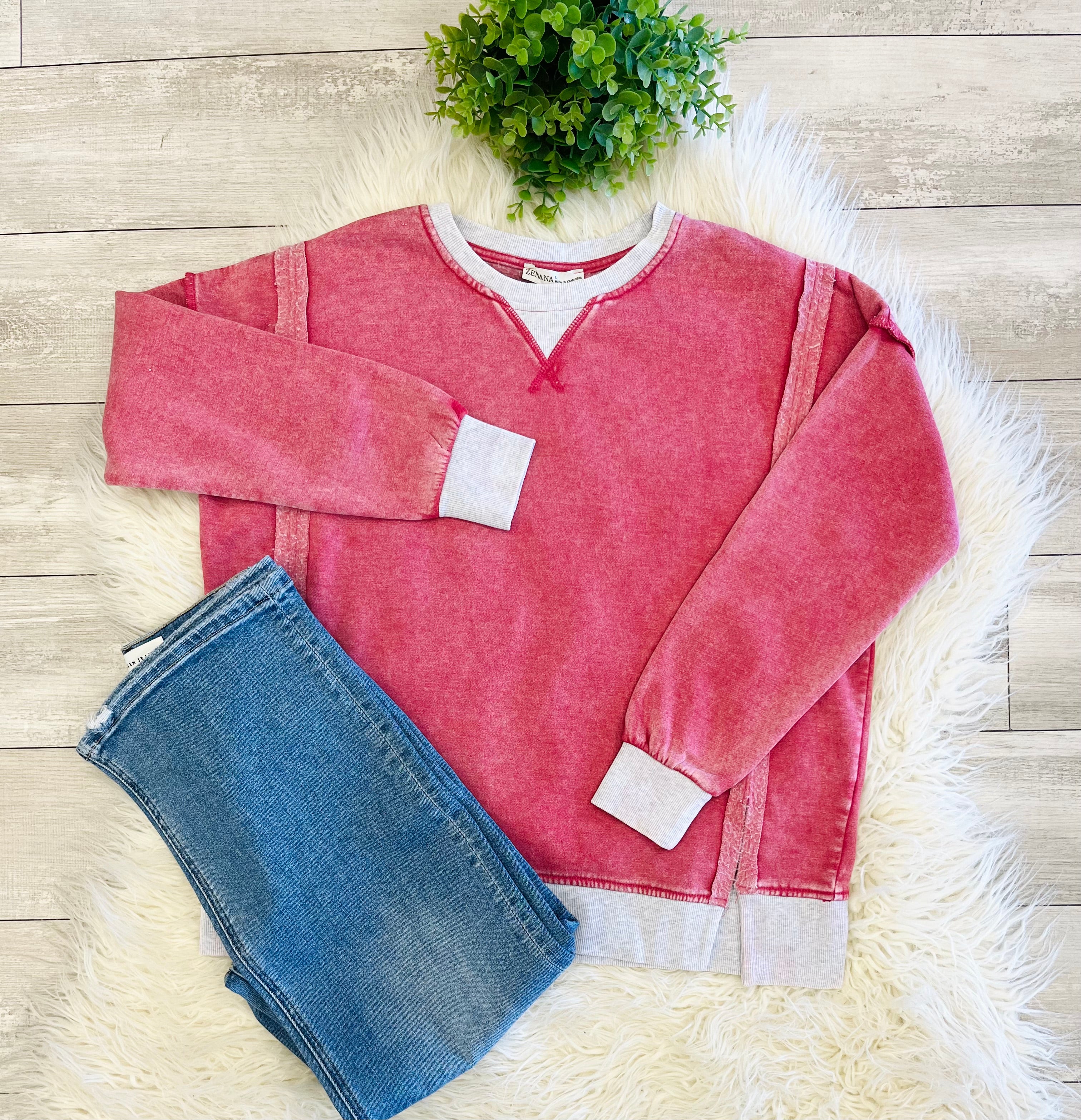 Women’s Zenana Washed Exposed Seam Sweatshirt In Red
