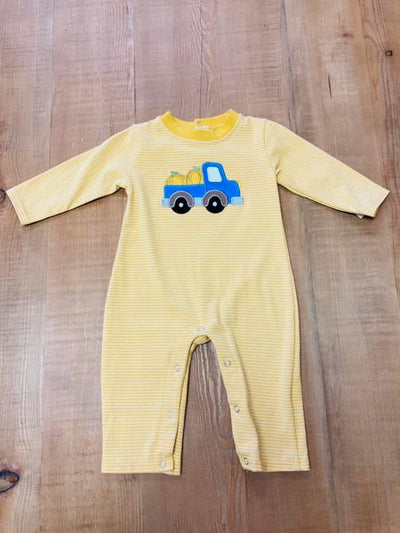 Boys Yellow Striped Farm Truck and Pumpkin Onesie - Mini Mee Boutique