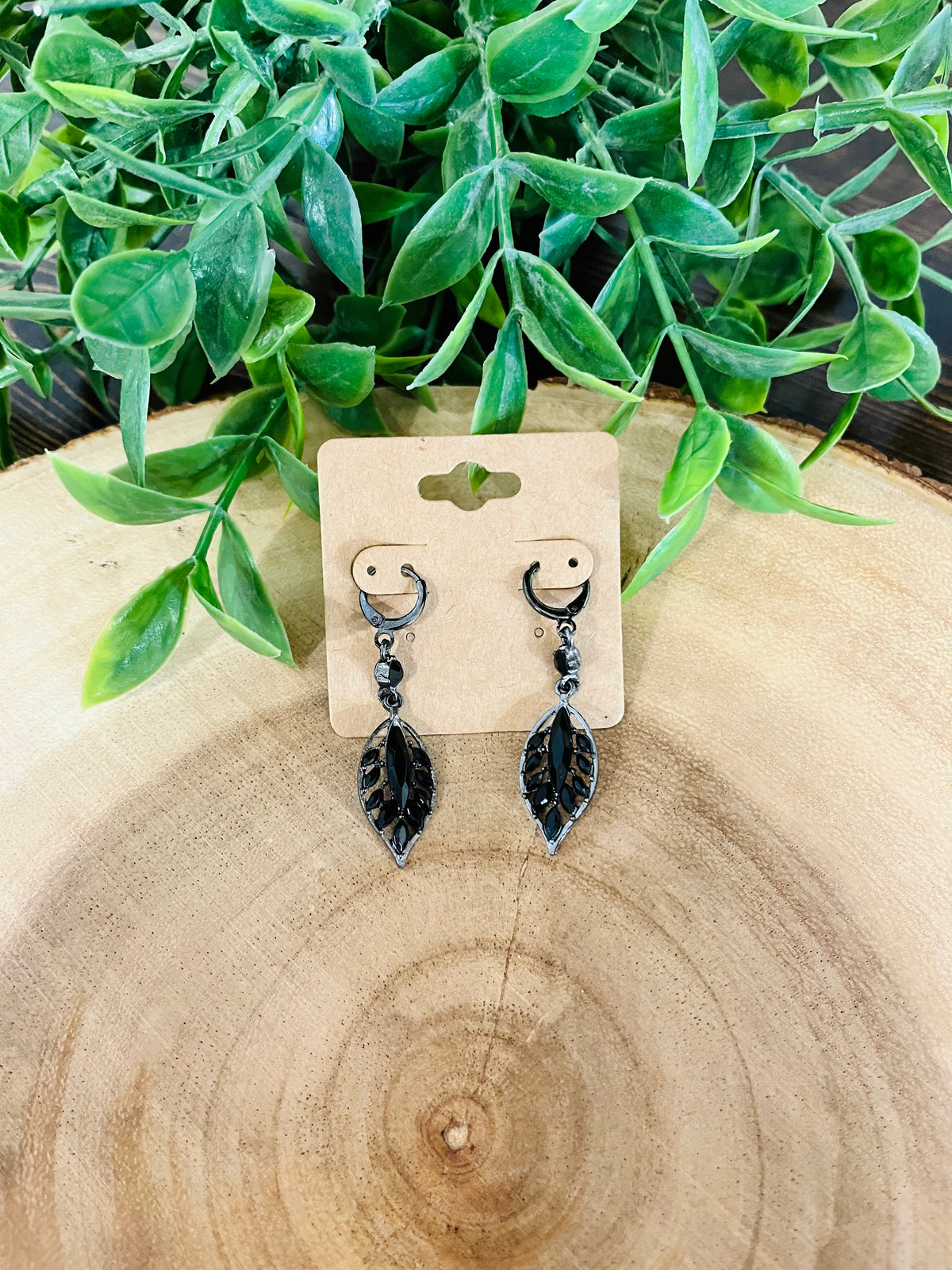 Women’s Black Leaf Diamond Dangle Hoop Earrings