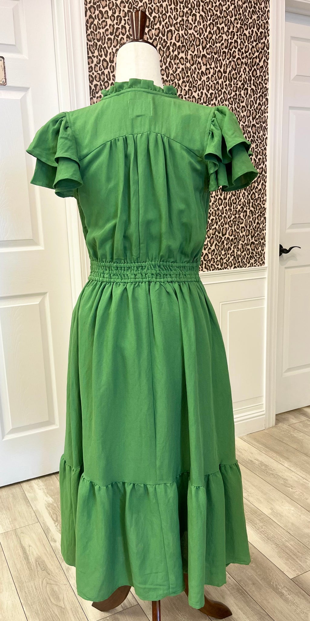 Women’s Umgee Olive Green Smocked Bodice And Layered Ruffle Sleeve Dress