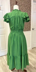 Women’s Umgee Olive Green Smocked Bodice And Layered Ruffle Sleeve Dress