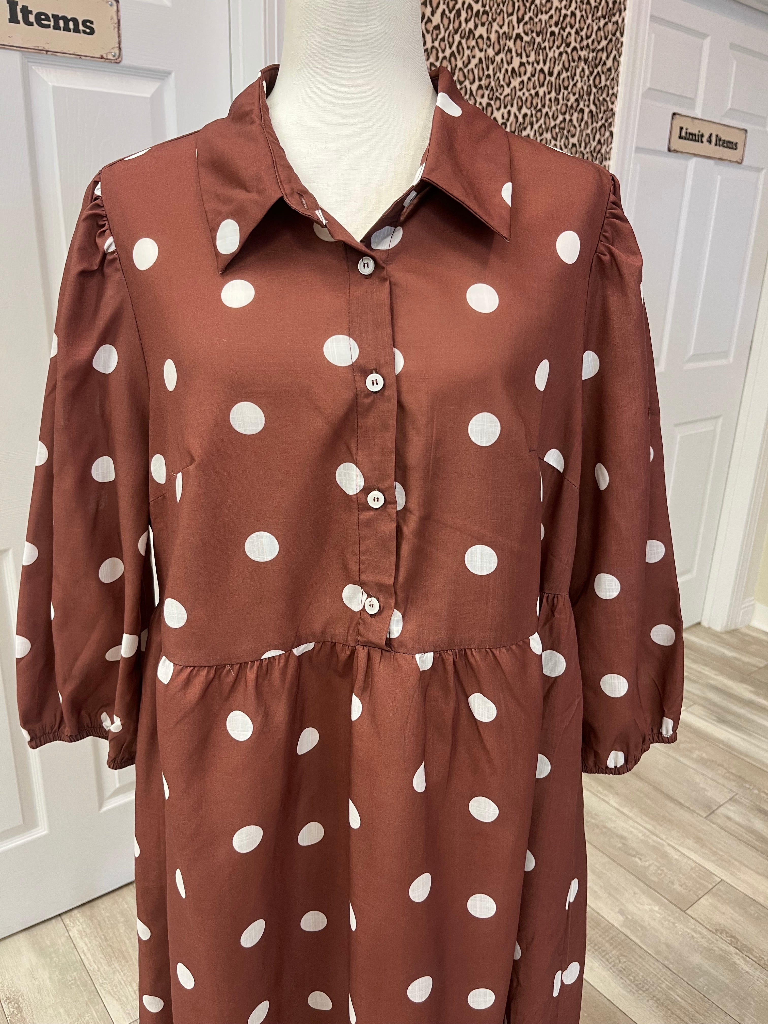 Women’s Evermmee Brown Polka Dot Dress with Pockets- Loose Fit
