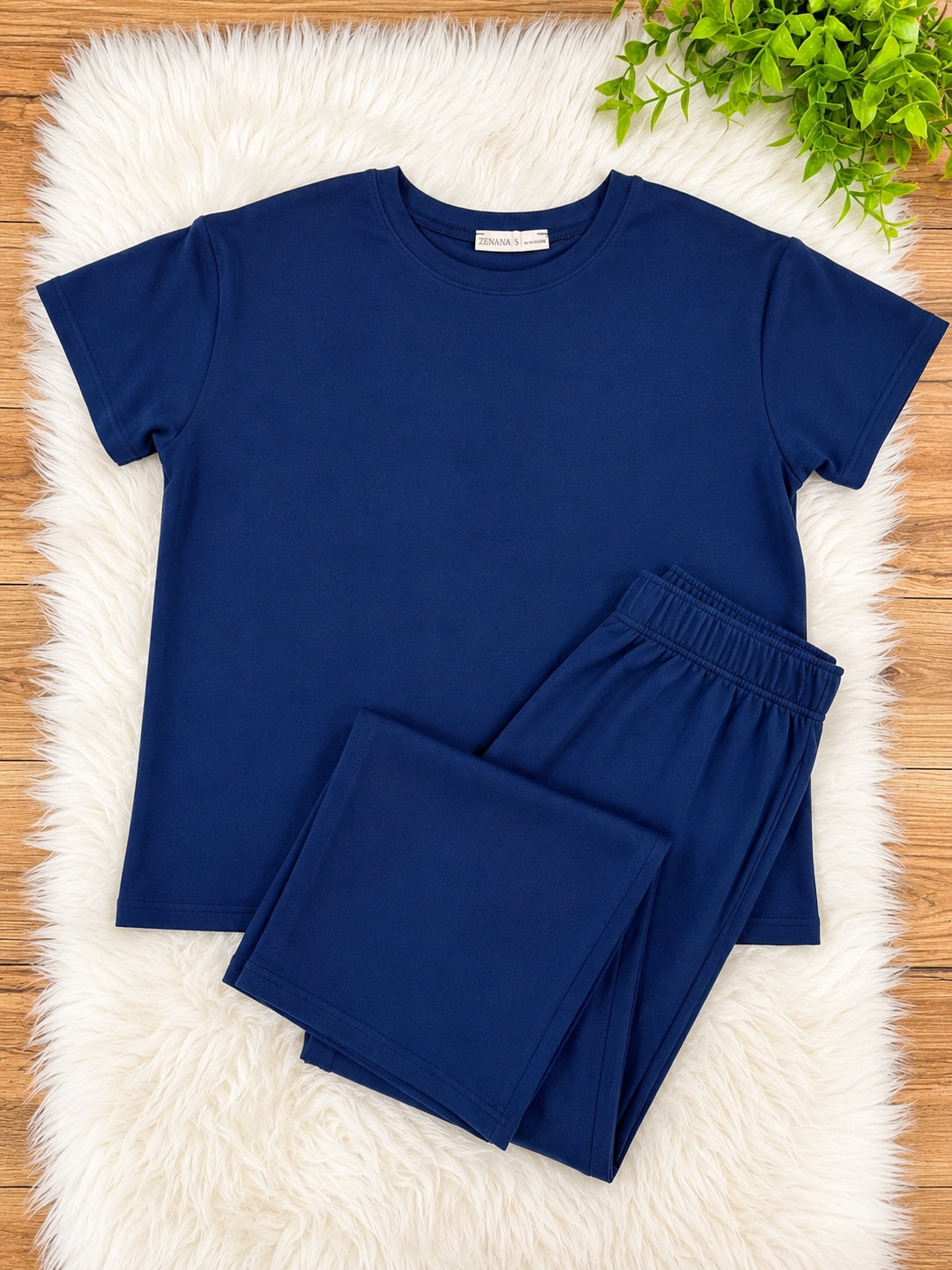 Women’s Zenana Solid Melange Navy Pant Set