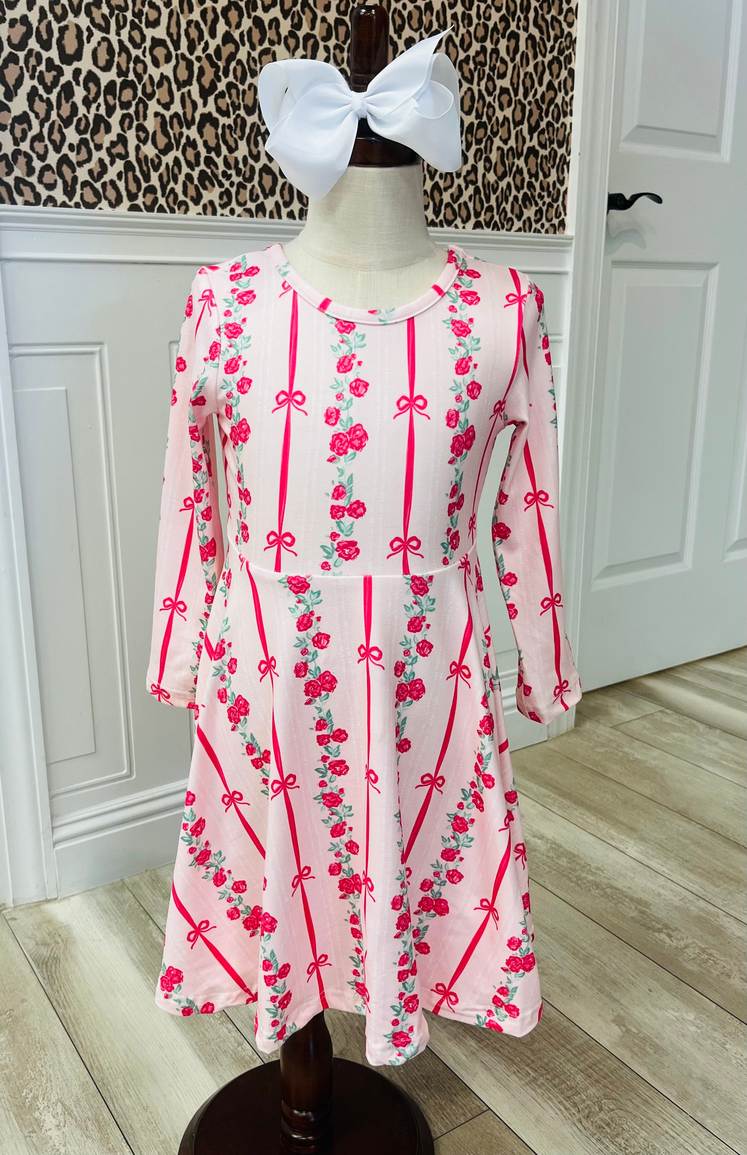 Girl’s Bow Rose Dress Long Sleeve Twirl Dress
