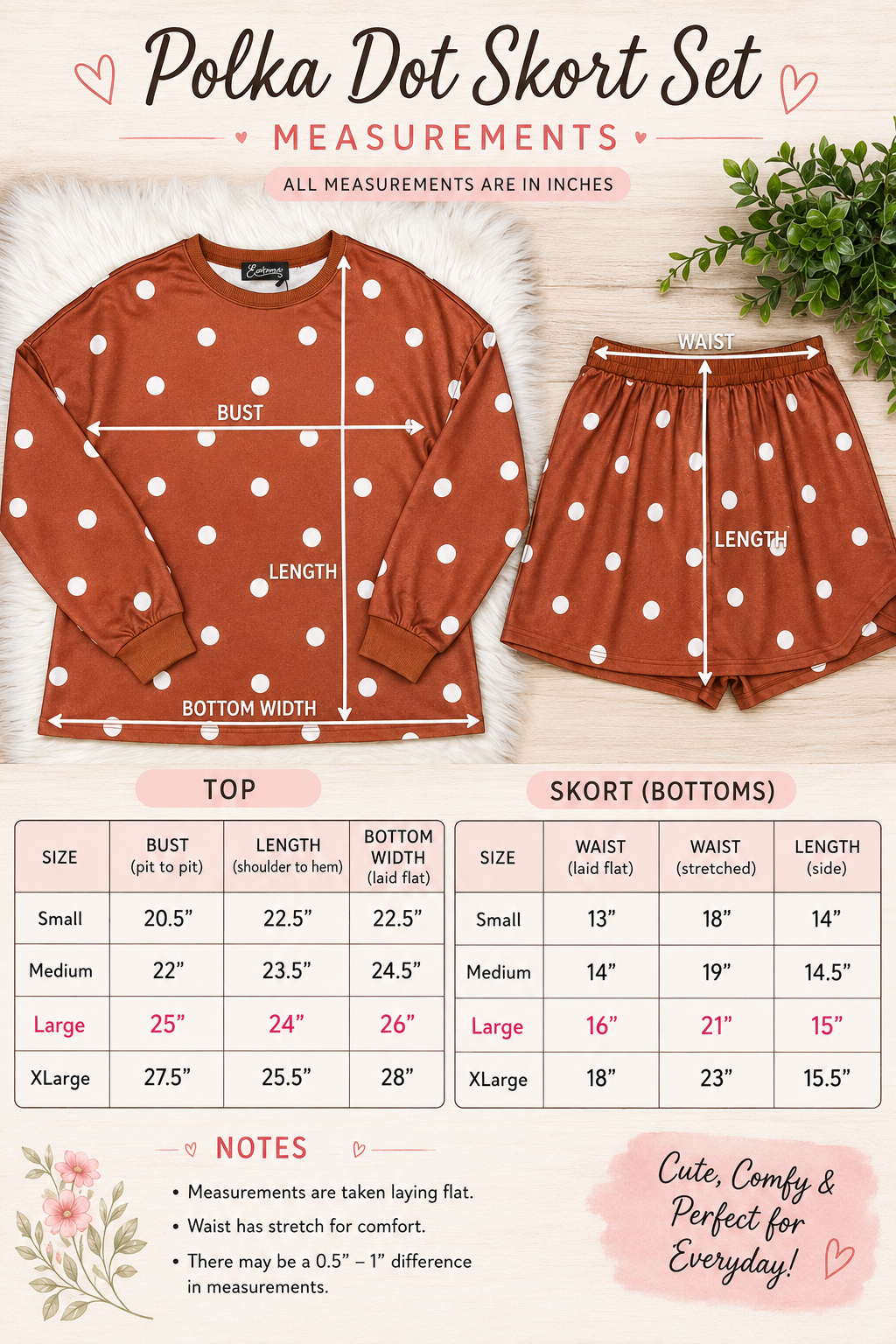 Women’s Evermmee Brown Skort Set with White Polka Dots- Loose Fit
