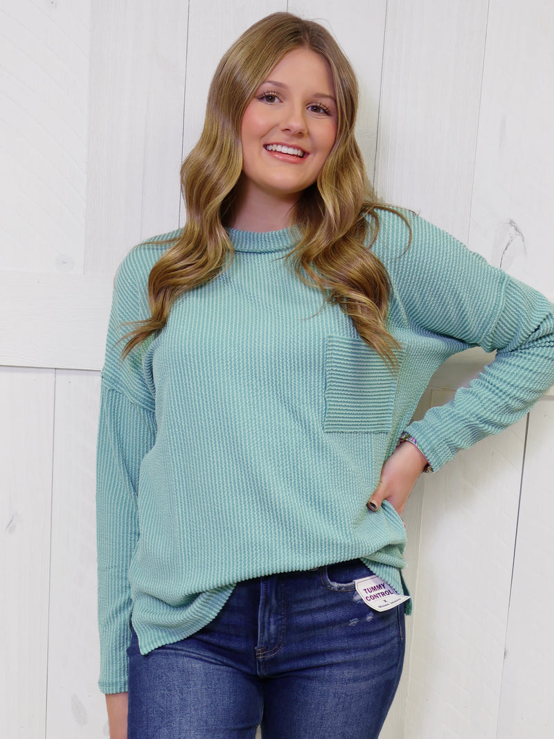 Zenana Ribbed Raw Edge Pocket Top Light Jade
