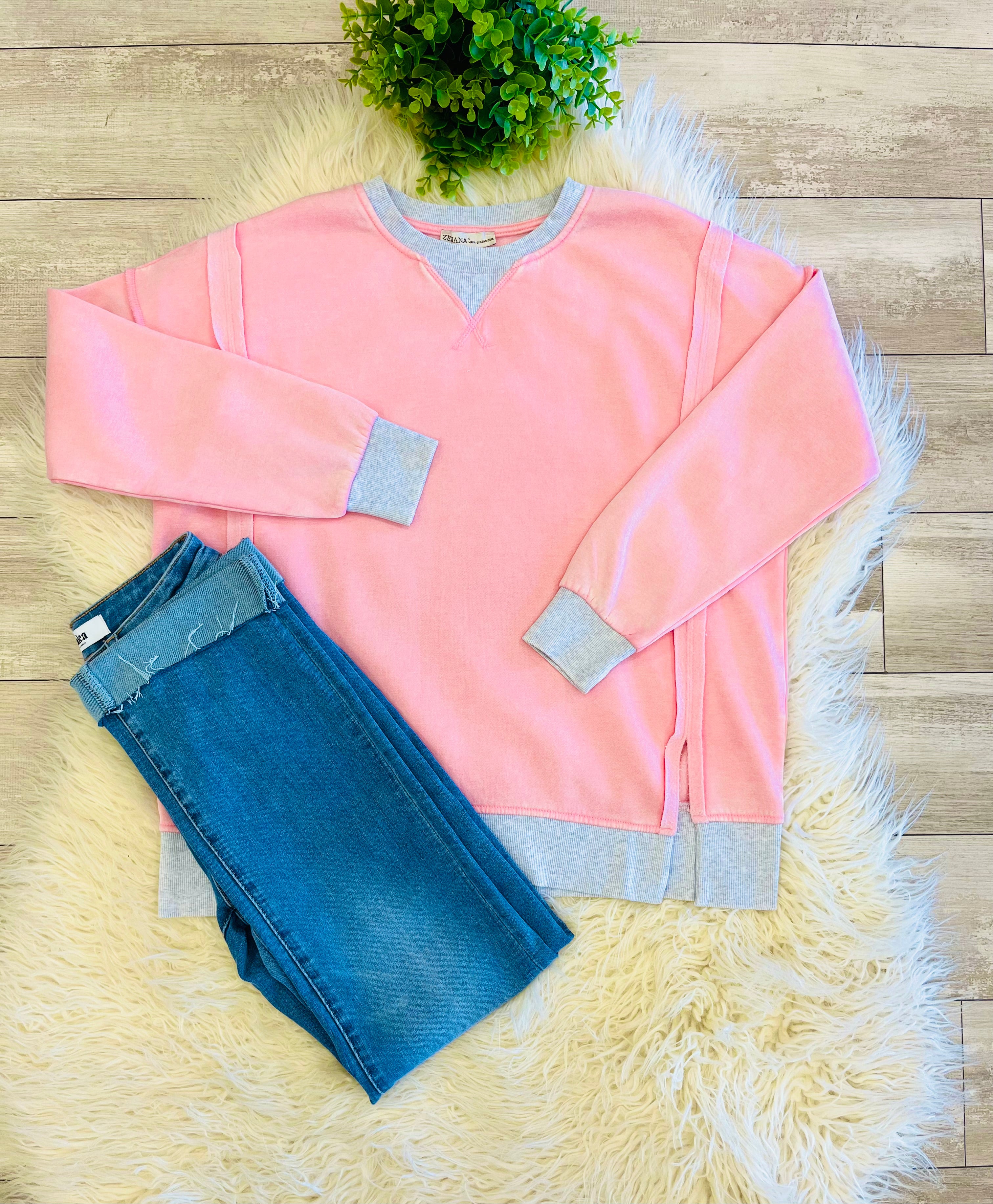 Women’s Zenana Washed Exposed Seam Sweatshirt In Light Pink