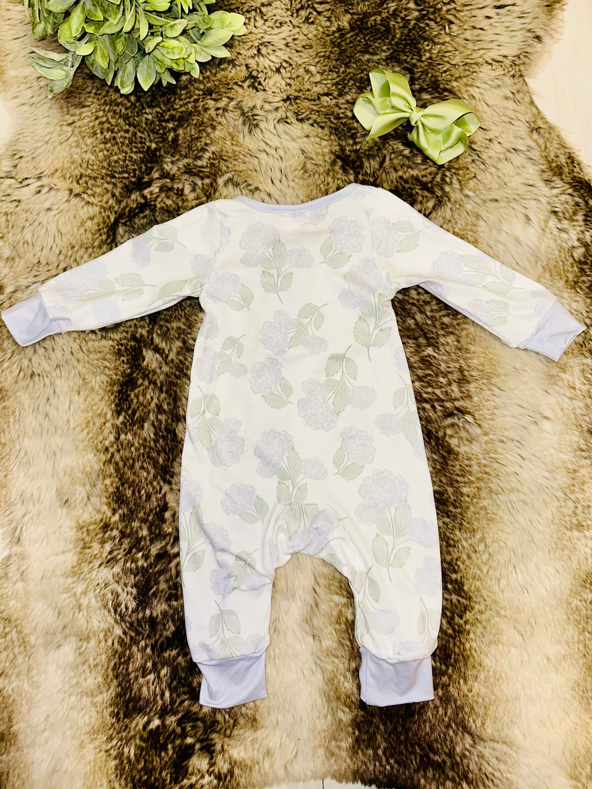 Girl’s muted blue and green hydrangea sleeper