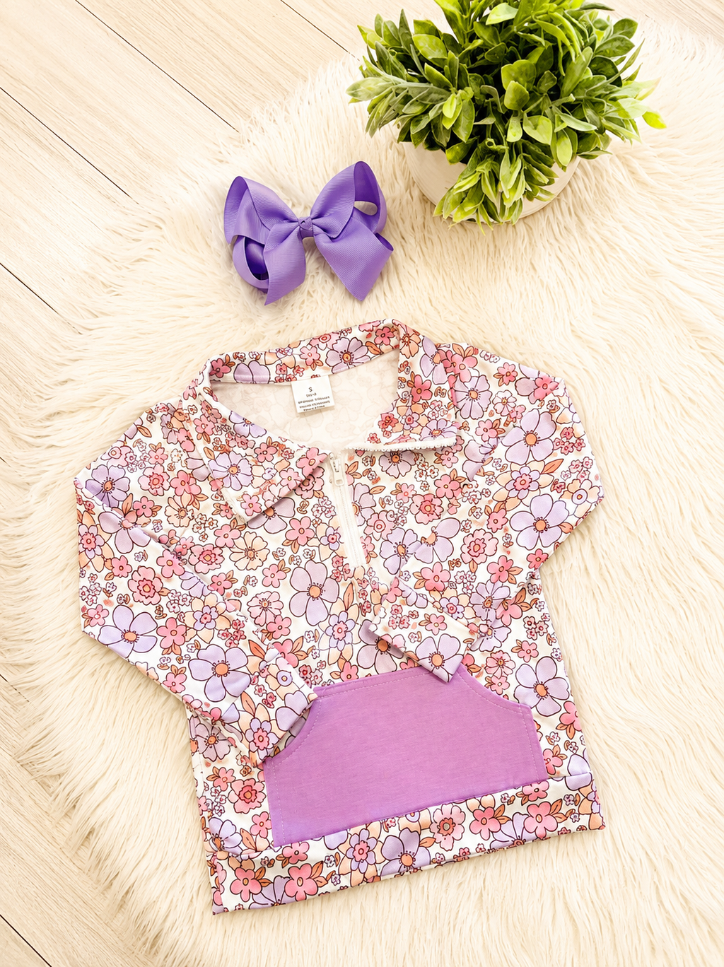 Girl’s Pink and Purple Floral Half Zip Pant Outfit Set