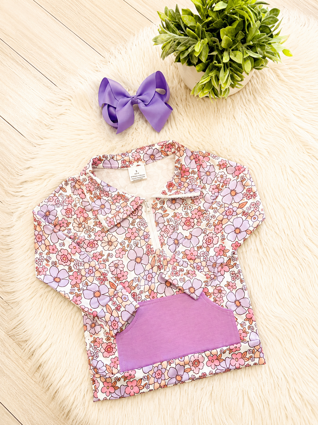Girl’s Pink and Purple Floral Half Zip Pant Outfit Set
