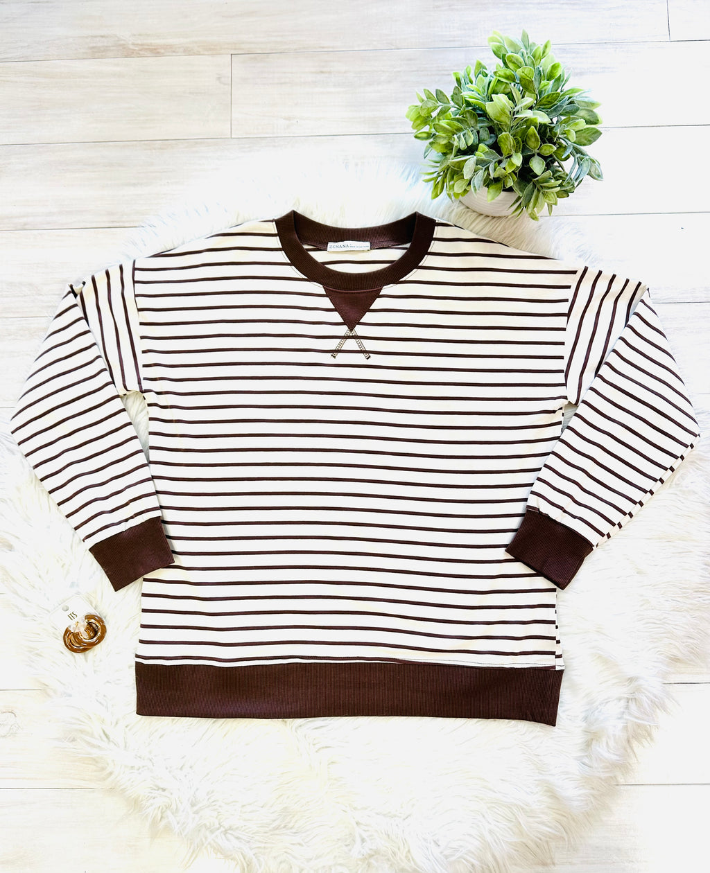 Women’s Zenana Striped Brown Long Sleeve Top