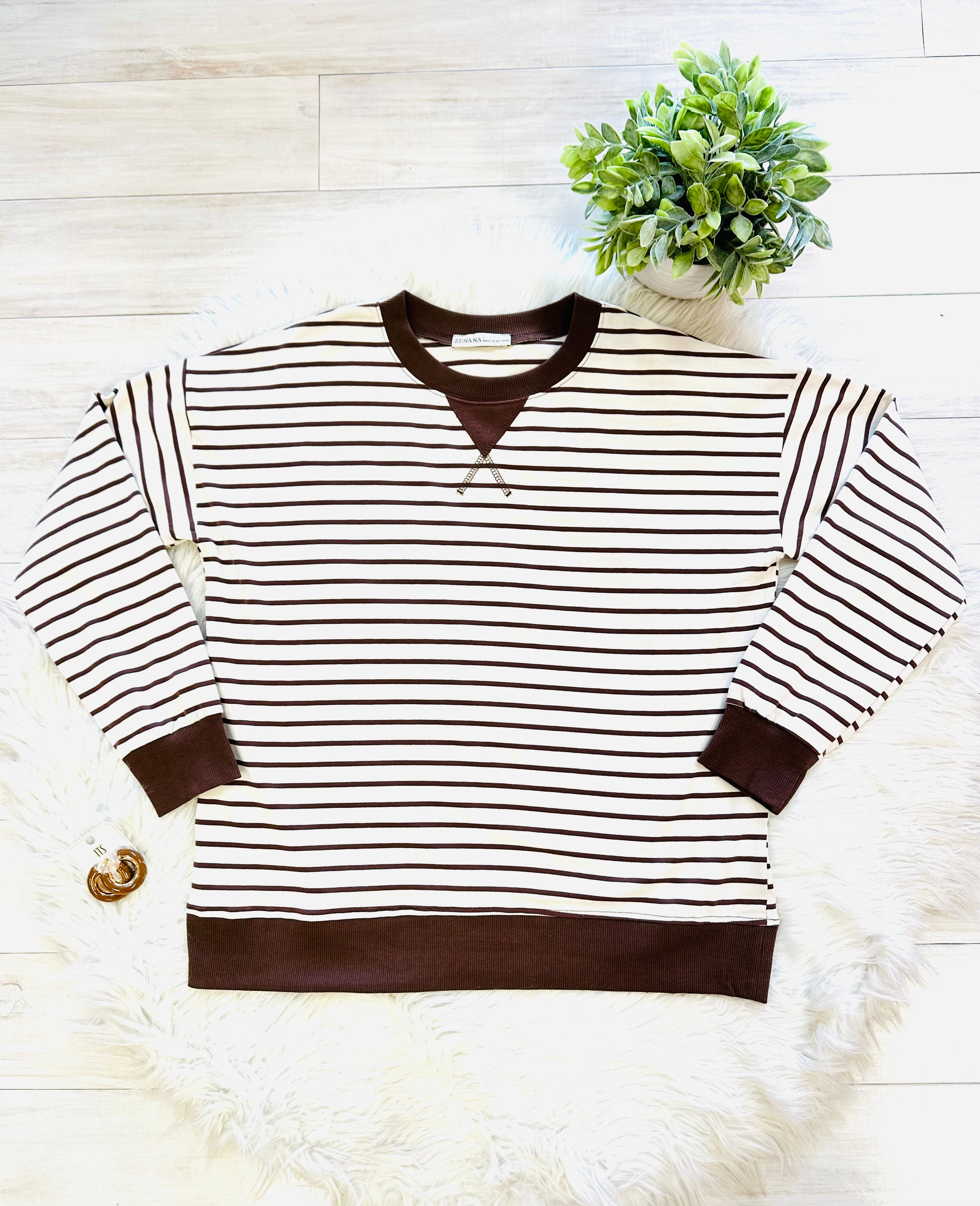 Women’s Zenana Striped Brown Long Sleeve Top