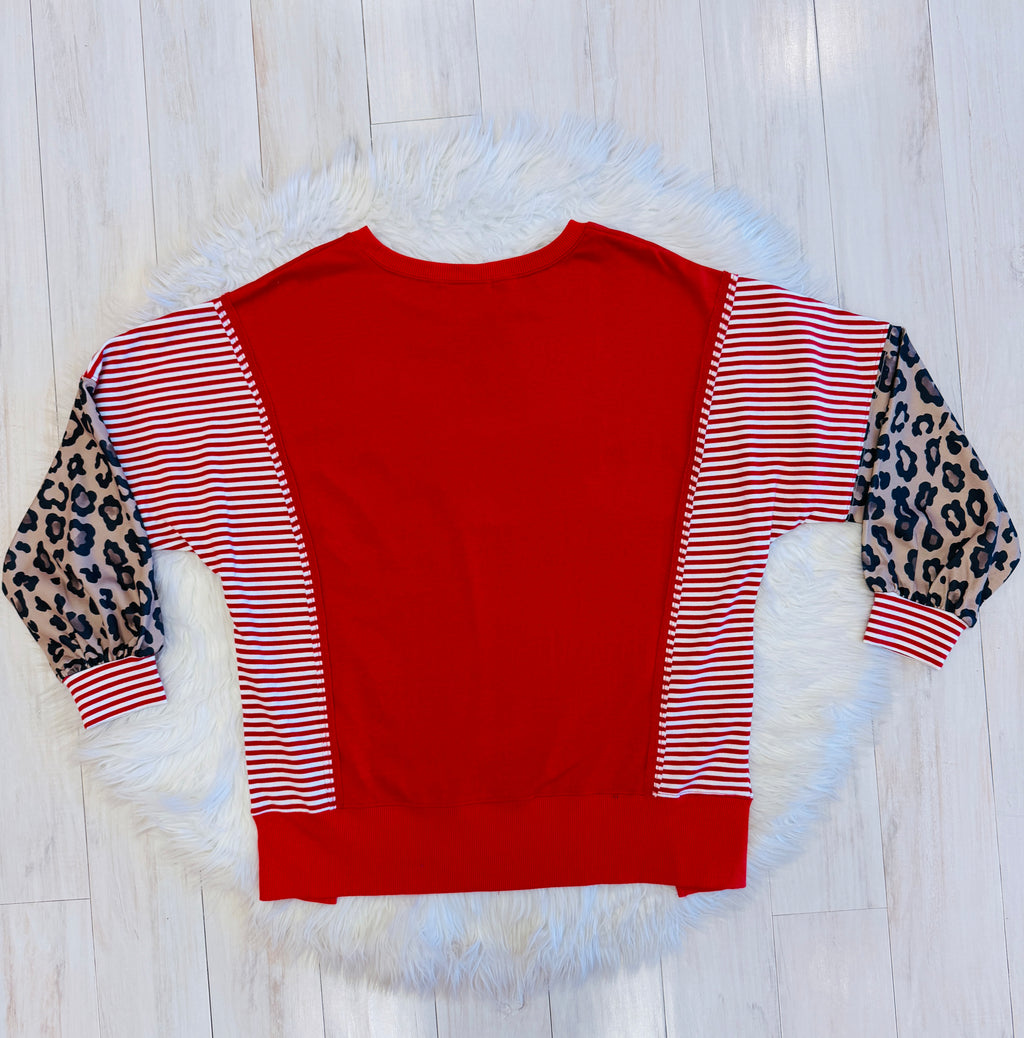Women’s Evermmee Red Stripe Pullover with Leopard Sleeves