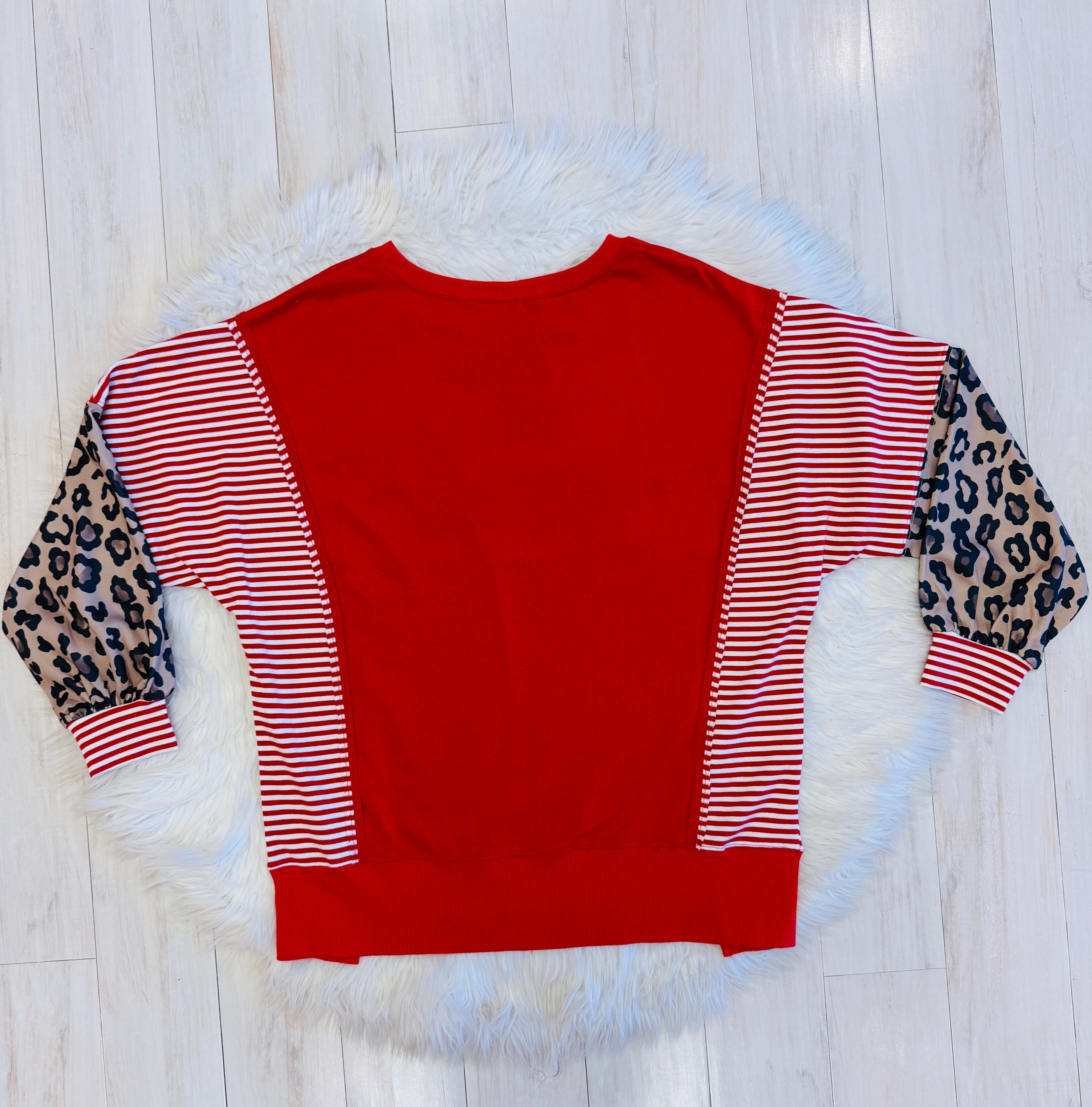 Women’s Evermmee Red Stripe Pullover with Leopard Sleeves