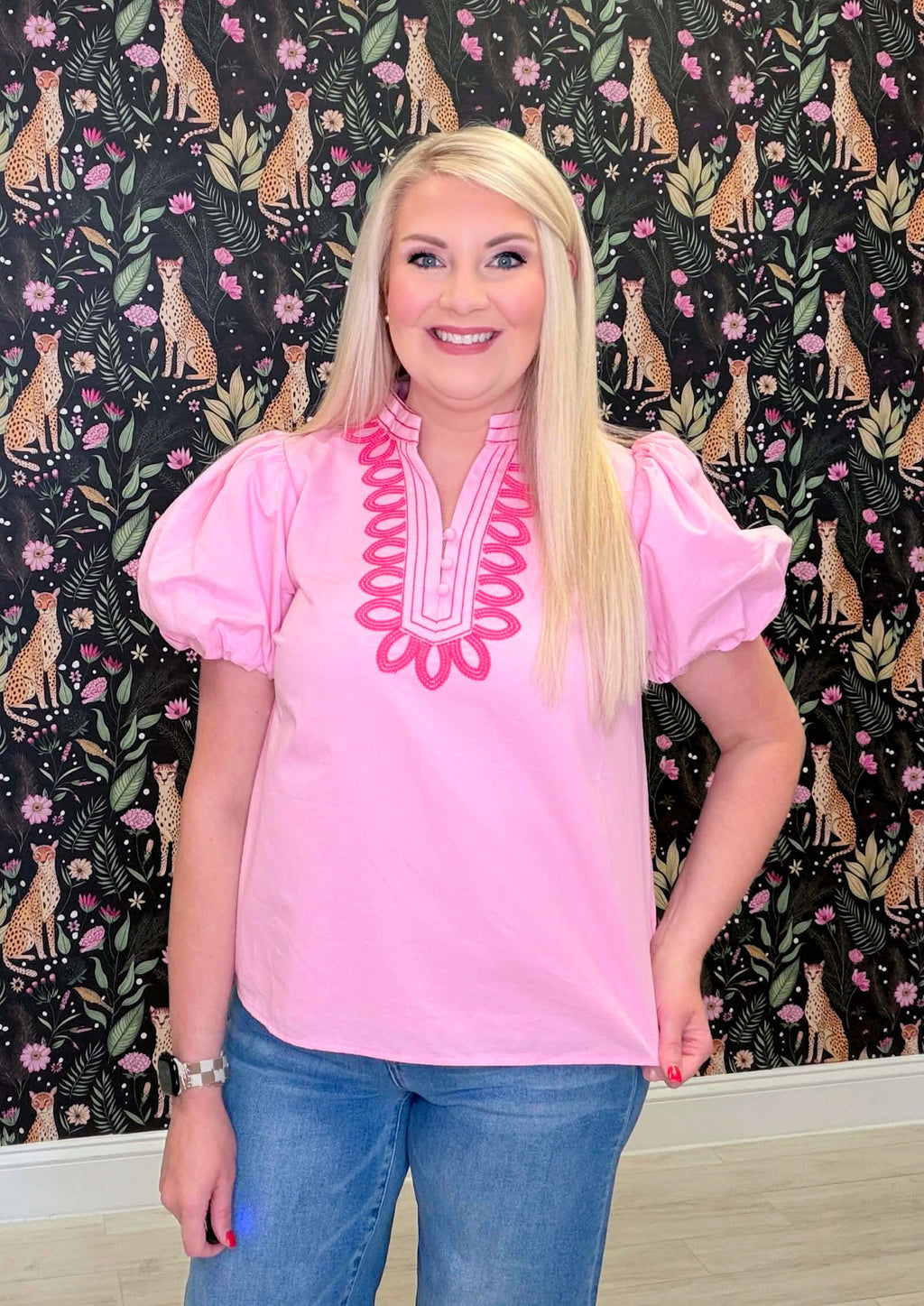 Women’s Jodifl Pink Embroidered Puff Sleeve Top