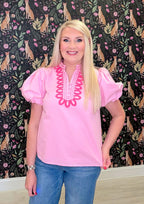 Women’s Jodifl Pink Embroidered Puff Sleeve Top