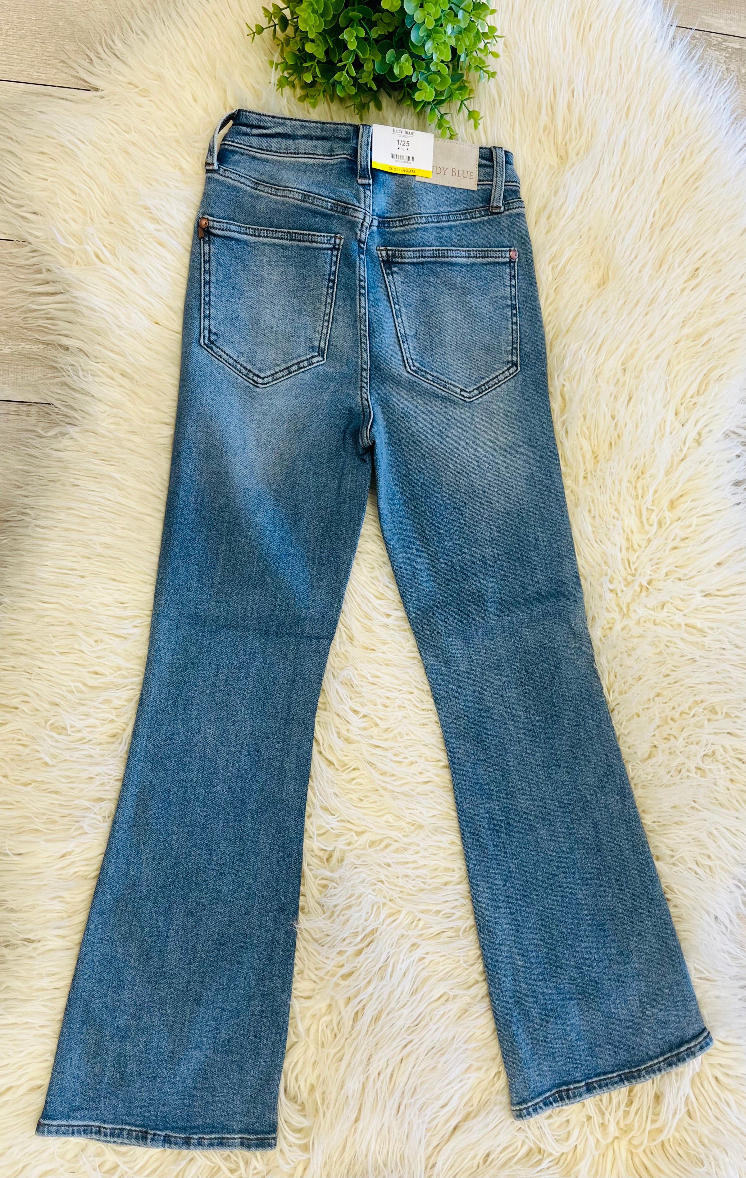 Women’s Petite Judy Blue Medium Wash High Waist Daisy Bootcut Short Jeans 1162