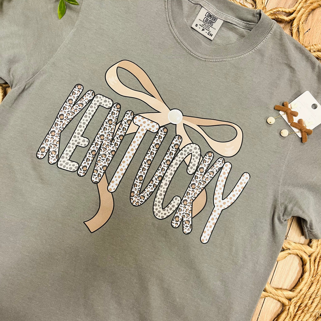 Women’s Grey “Kentucky” Cheetah Print Polka Dot Bow Tee