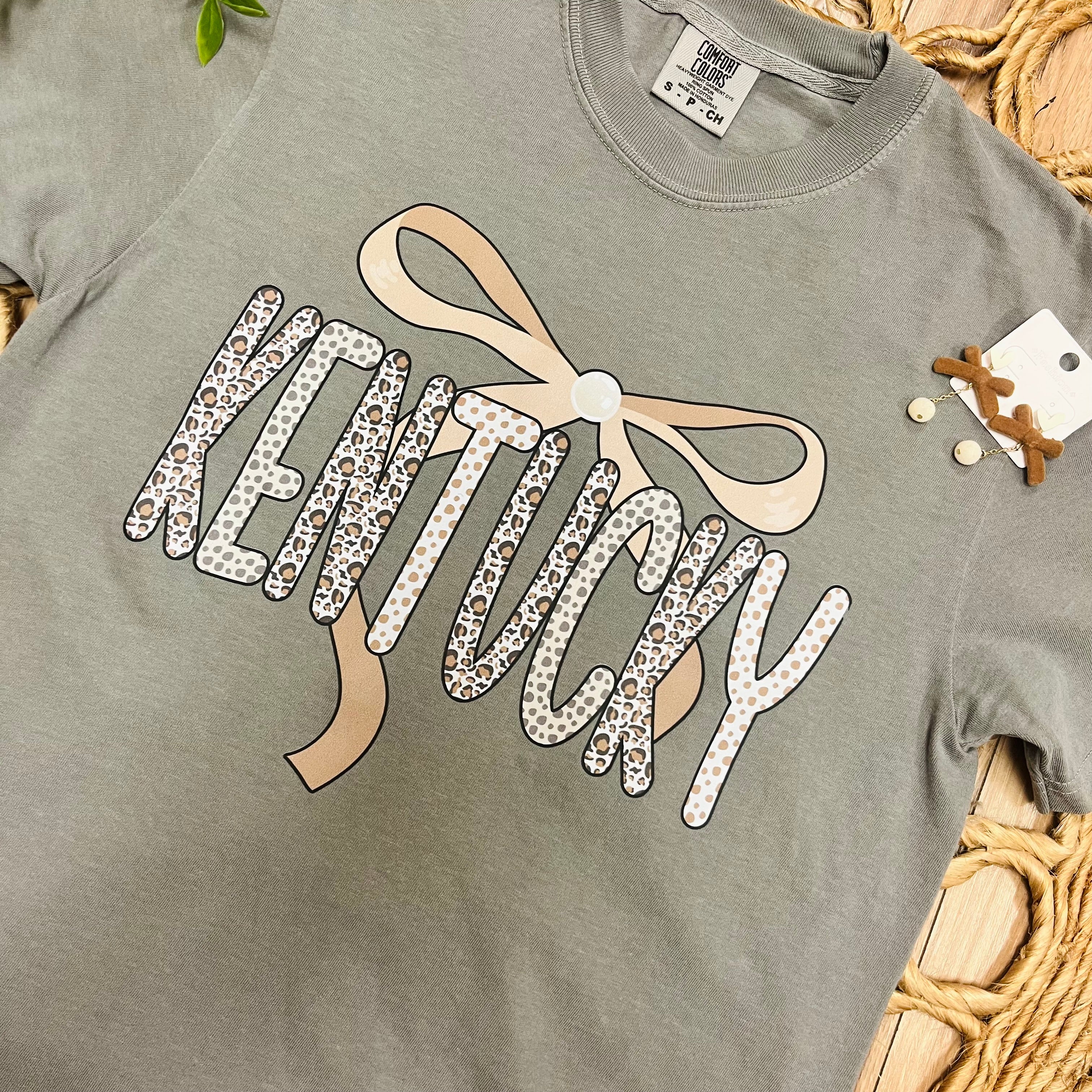 Women’s Grey “Kentucky” Cheetah Print Polka Dot Bow Tee