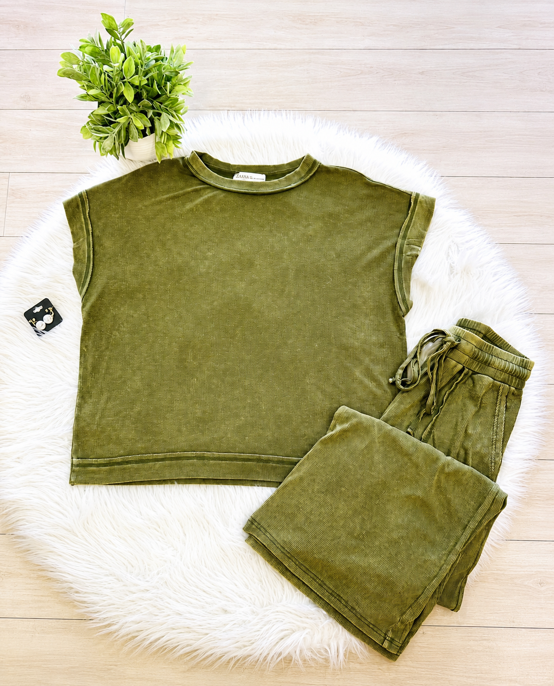 Women’s Zenana Dark Olive Acid Wash Pant Set