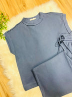 Women’s Zenana Dusty Blue Ribbed Cuff Sleeve Pant Set
