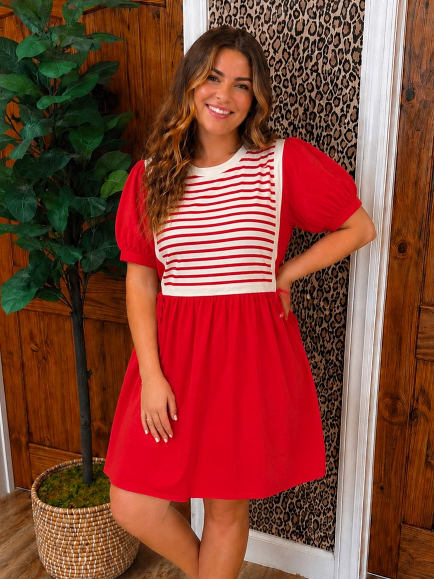 Women’s Jodifl Red Stripe Puff Sleeve Dress with Bow Ties