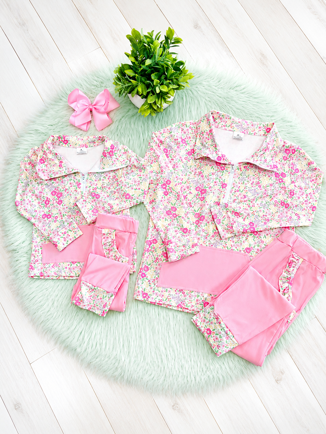 Girl’s Light Pink and Cream Half Zip Floral Pant Outfit Set