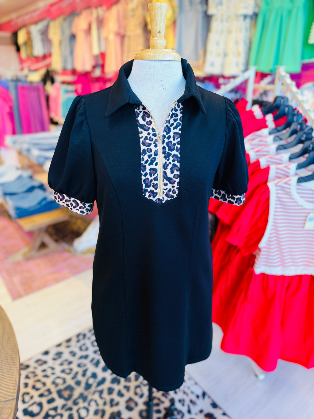 Women’s Evermmee Black Dress with Cheetah Trim