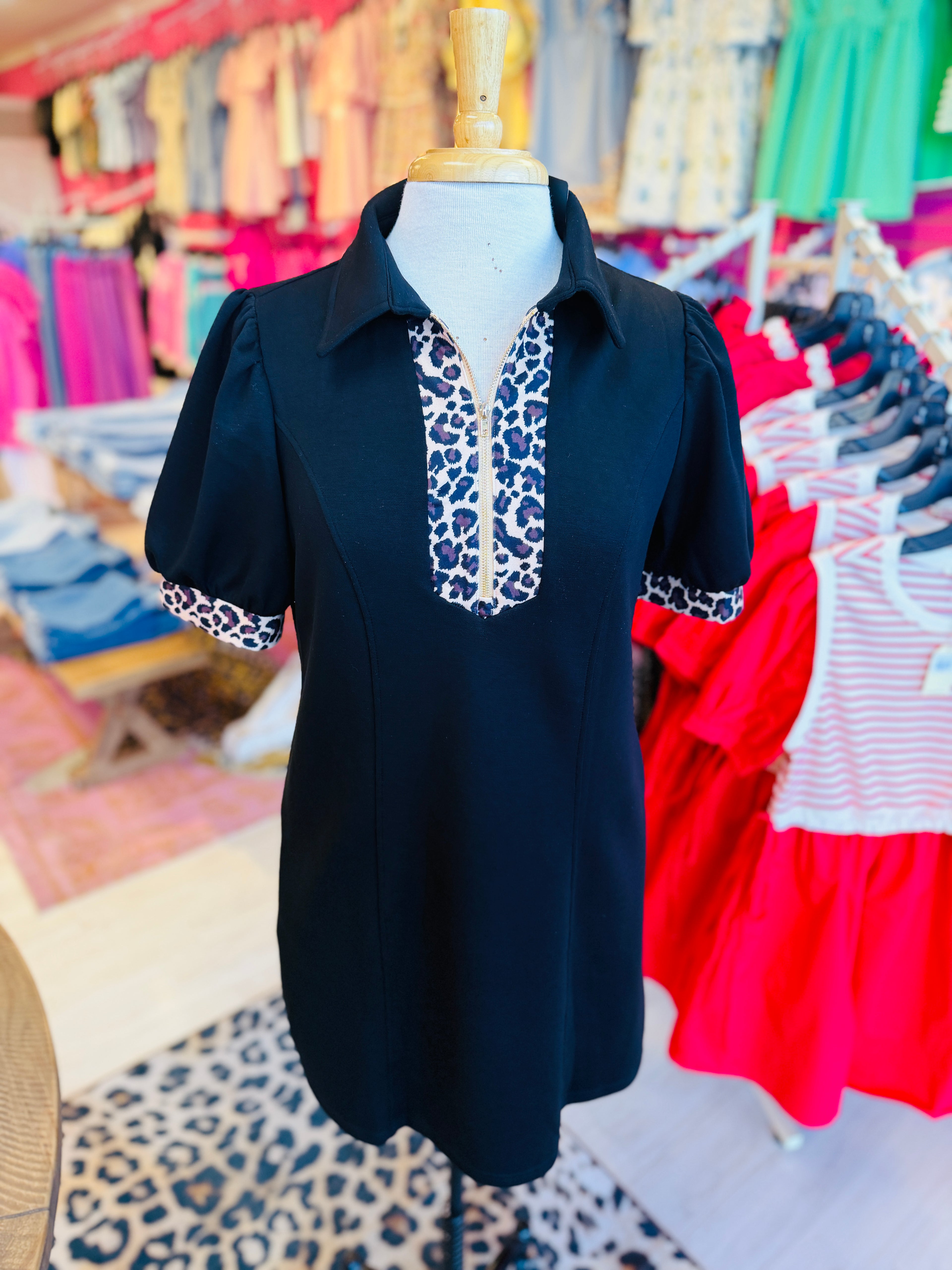Women’s Evermmee Black Dress with Cheetah Trim