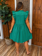 Women’s Kelly green ruffle sleeve and button dress