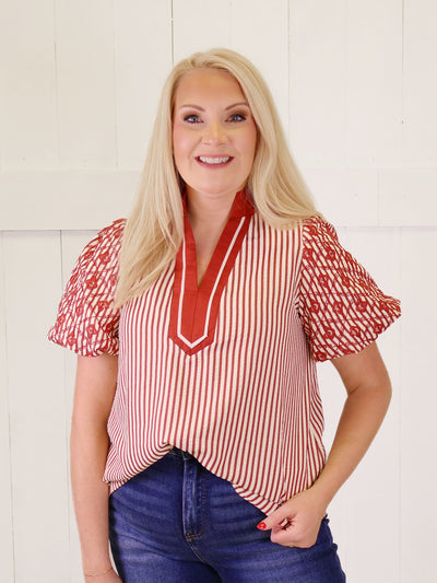 Entro Burnt Orange Mixed Print Puff Sleeve Top
