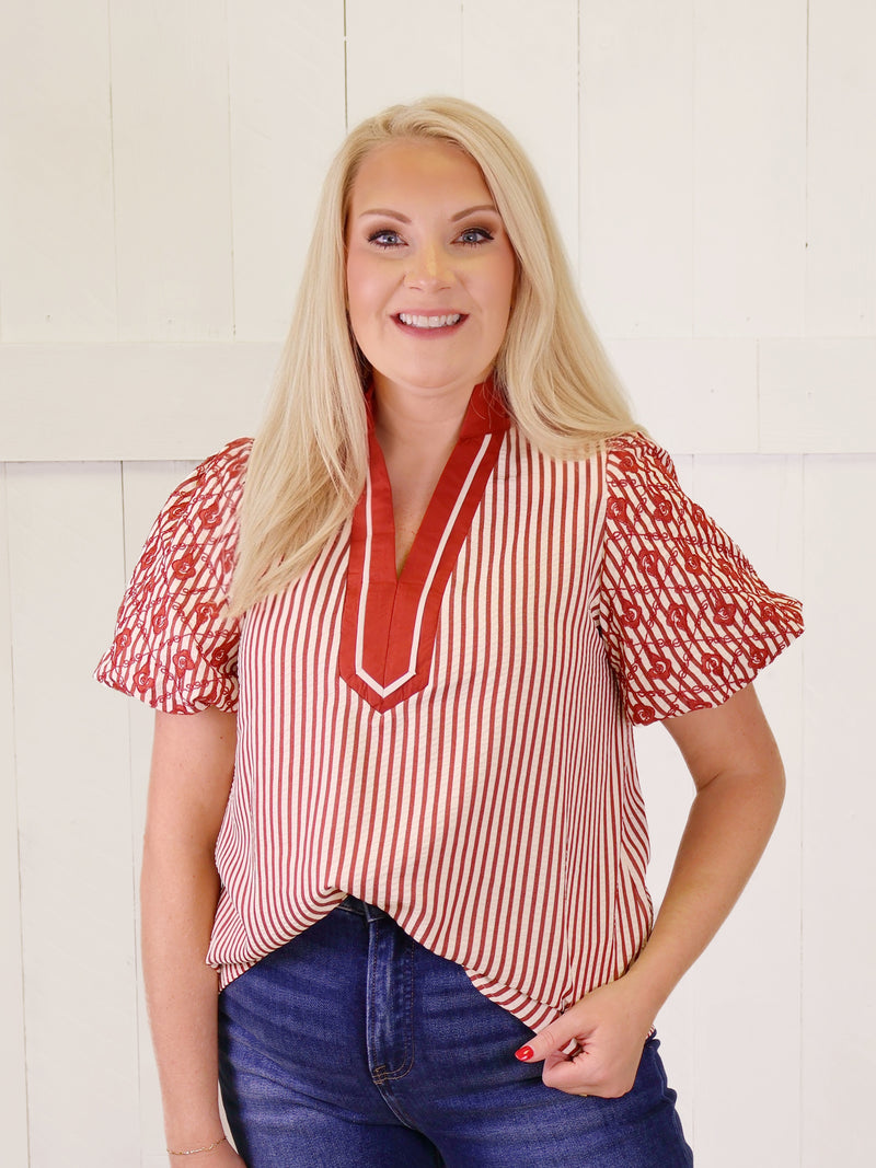 Entro Burnt Orange Mixed Print Puff Sleeve Top