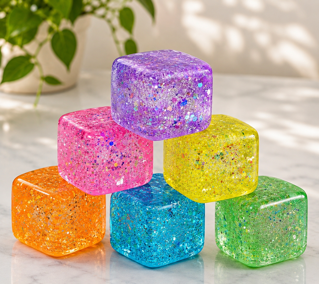 Glitter Cube Squishy Toy - Glitter Gel Filled Ages 3+ Size 1”x1”