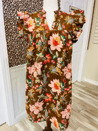 Women’s Floral Split Neck Mini Dress With Ruffle Sleeves