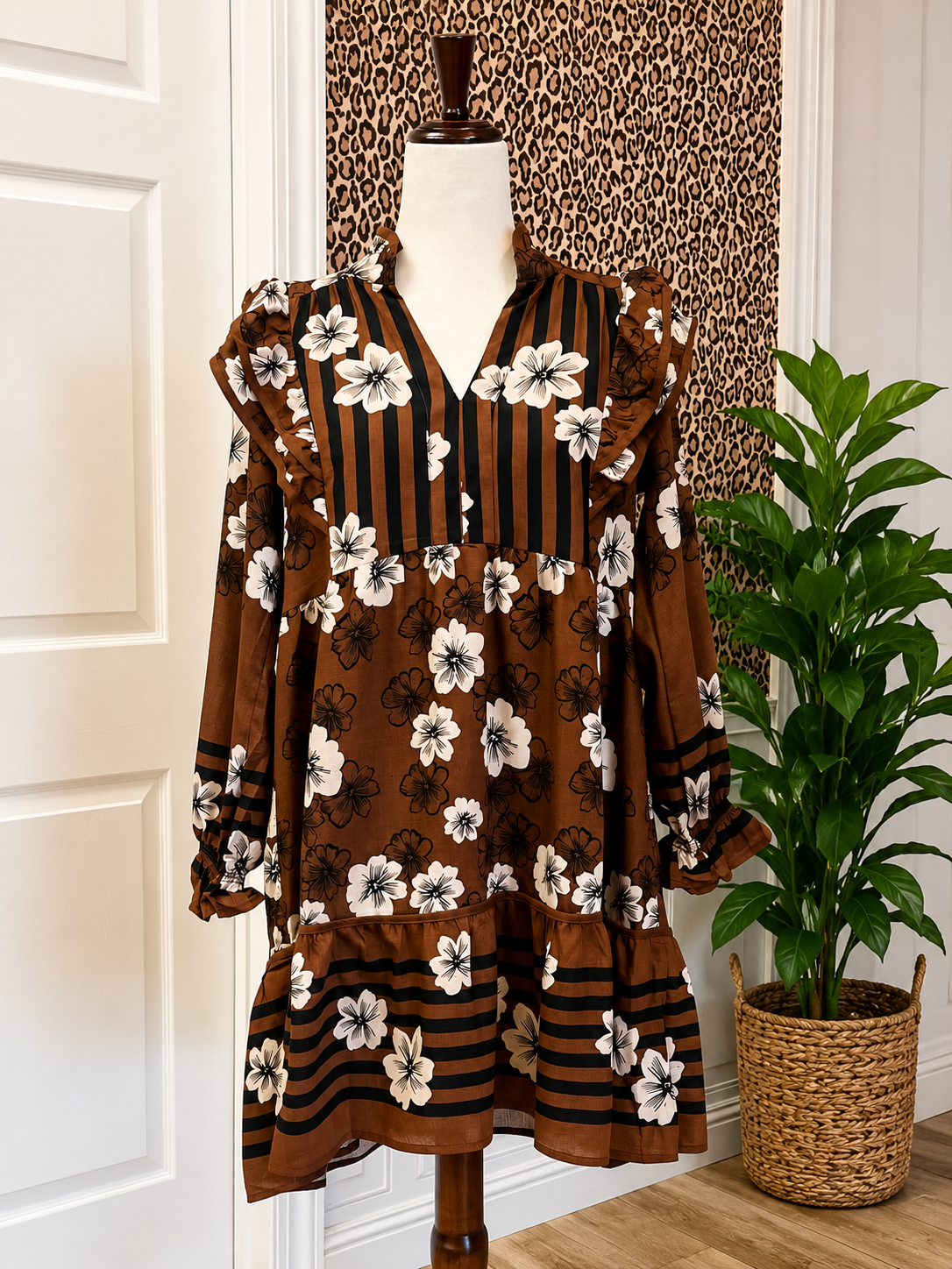 Women’s Umgee Brown Floral Ruffle Split Neck Dress