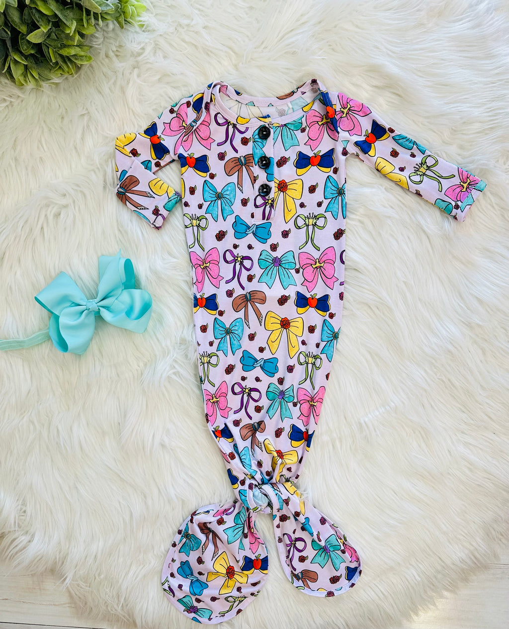 Girl’s Mixed Colored Bow Printed Knotted Gown with Matching Headband