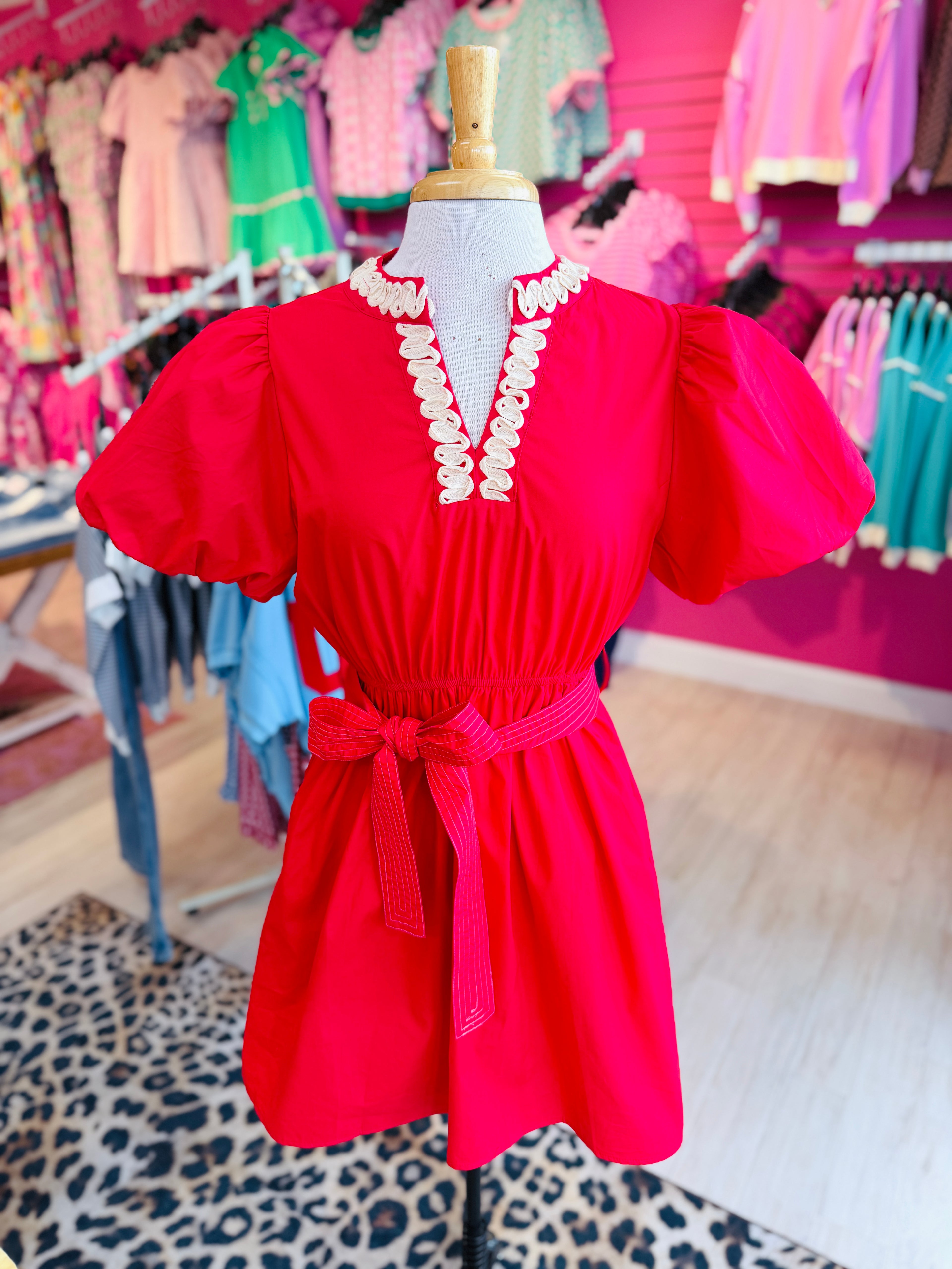 Women’s Jodifl Red Puff Sleeve Waist Tie Dress
