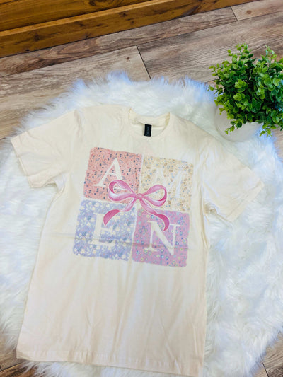 Gildan Women’s Amen and Pink Bow Tee - Mini Mee Boutique