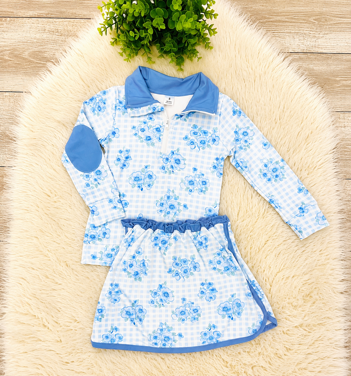 Girl’s Blue Floral Quarter Zip Long Sleeve Skort Set