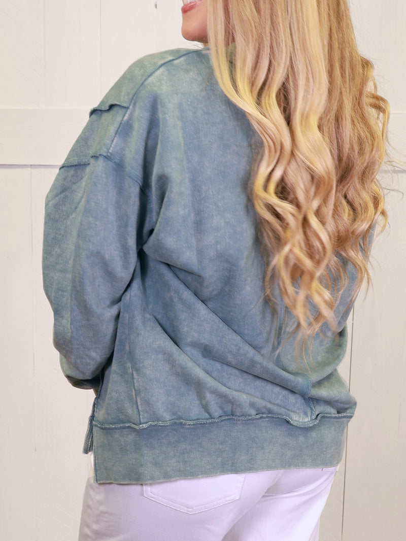 Ash Jade Acid Wash Exposed Seam Sweater Pullover Top