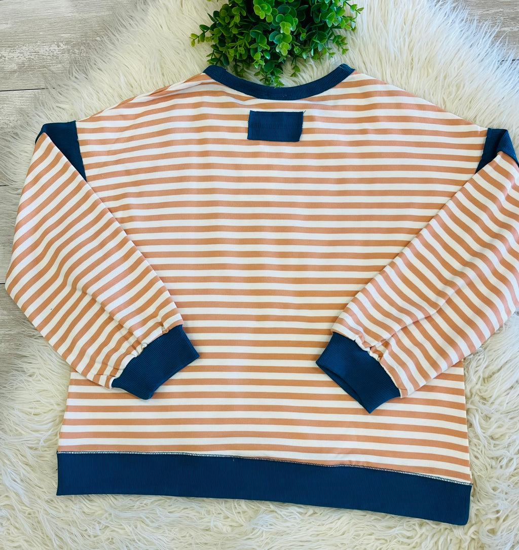 Women’s Peach and White Stripe with Teal Detail Front Pocket Long Sleeve - Oversized