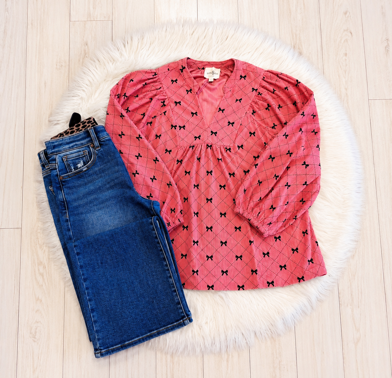 Women’s Umgee Corduroy Bow Print Top Loose Fit