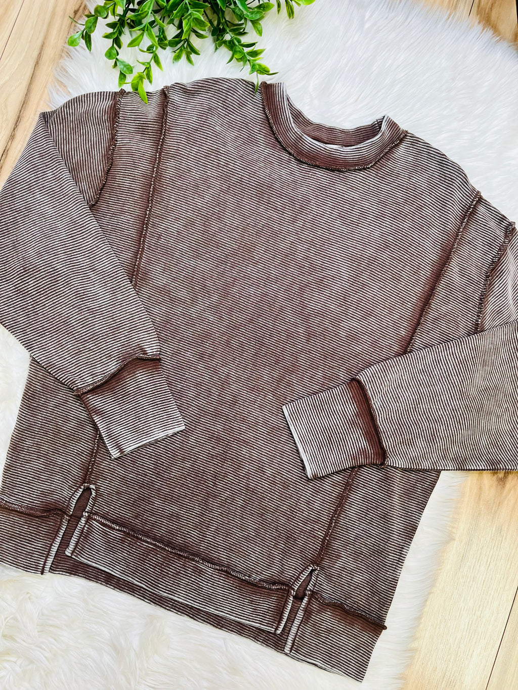 Women’s Zenana Chocolate Ribbed Raw Hem Crewneck Top