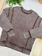 Women’s Zenana Chocolate Ribbed Raw Hem Crewneck Top