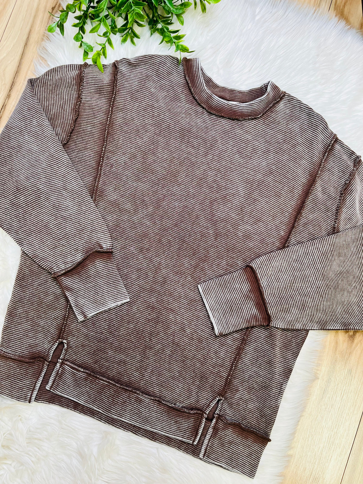 Women’s Zenana Chocolate Ribbed Raw Hem Crewneck Top